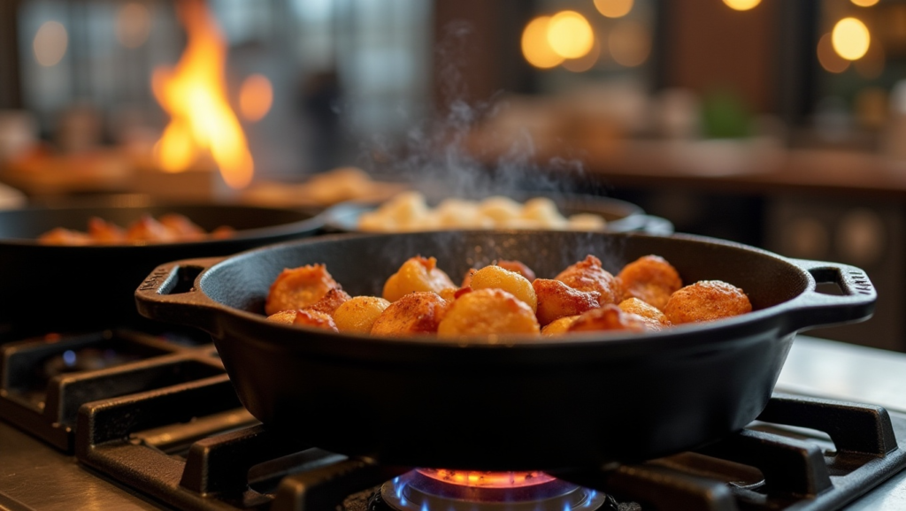 Seasoned_cast_iron_cookware_on_restaurant_stovetop